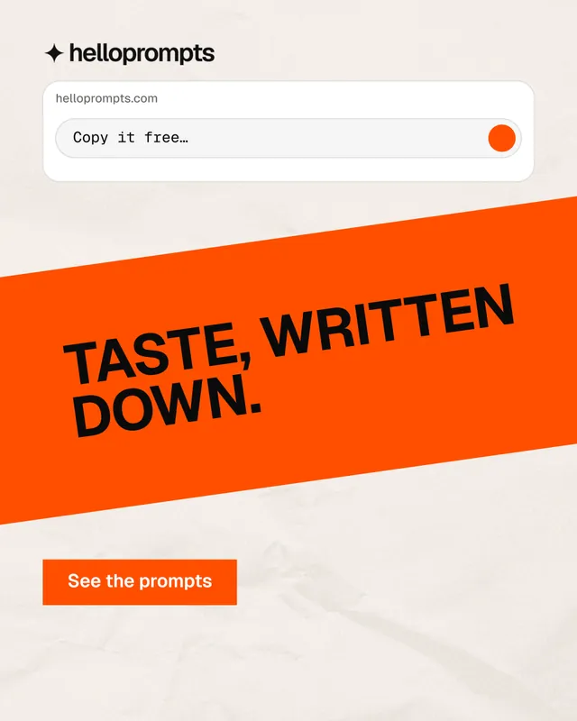 Instagram portrait post for HelloPrompts: "Taste, written down." Swiss style, diagonal layout, light palette in white, orange.
