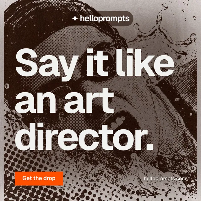 Instagram post for HelloPrompts: "Say it like an art director." Swiss style, poster layout, dark palette in orange, grey, white.