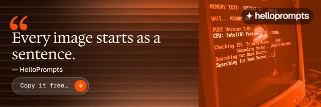 X header for HelloPrompts: "Taste, written down." Agentic glass style, quote layout, dark palette in black, orange, brown.