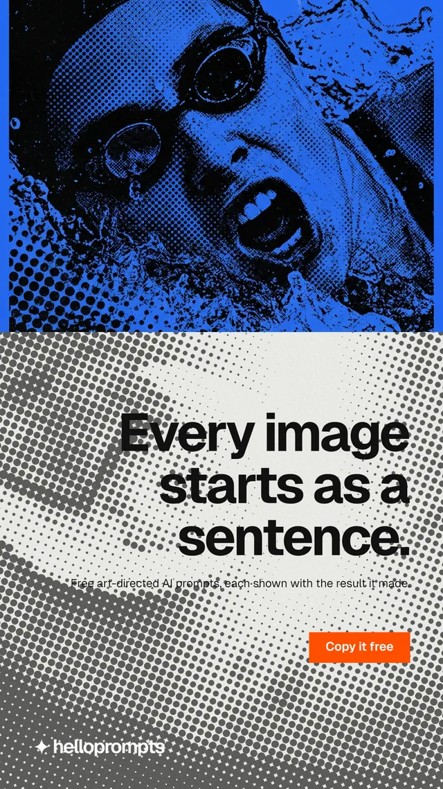 Instagram story for HelloPrompts: "Every image starts as a sentence." Swiss style, right layout, light palette in grey, white, blue.