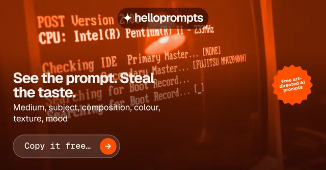 Social ad for HelloPrompts: "See the prompt. Steal the taste." Agentic glass style, sticker layout, dark palette in red, orange.