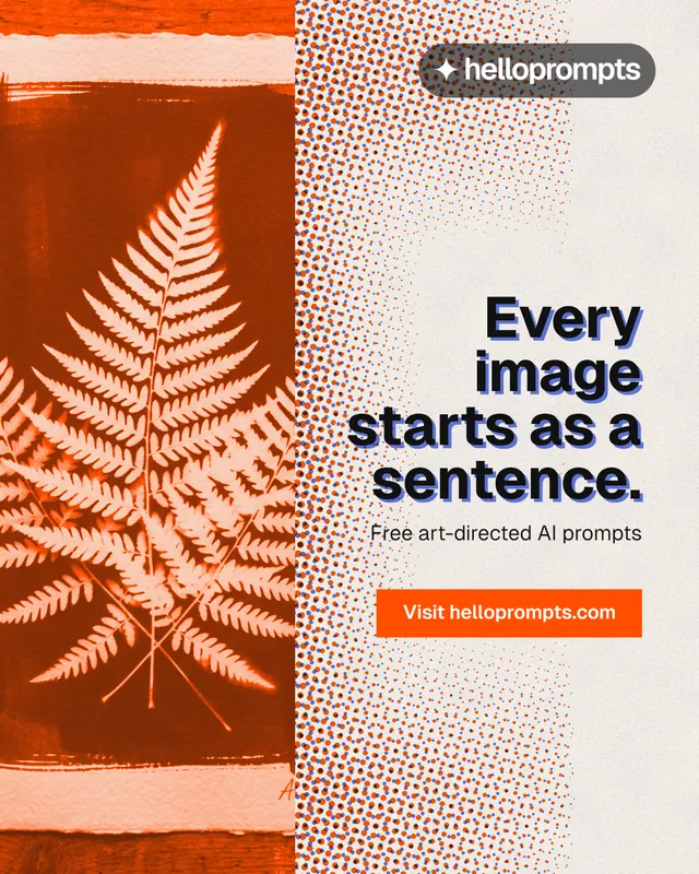 Instagram portrait post for HelloPrompts: "Every image starts as a sentence." Retro print style, right layout, light palette in orange.