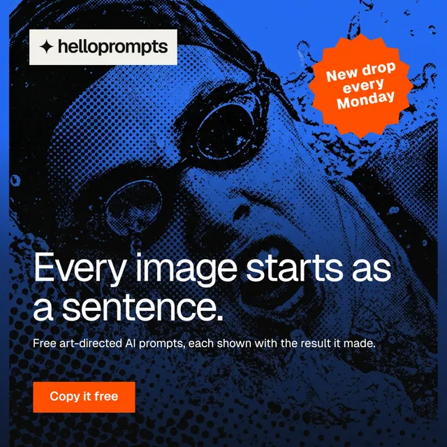 Instagram post for HelloPrompts: "Every image starts as a sentence." Swiss style, sticker layout, dark palette in blue, black.
