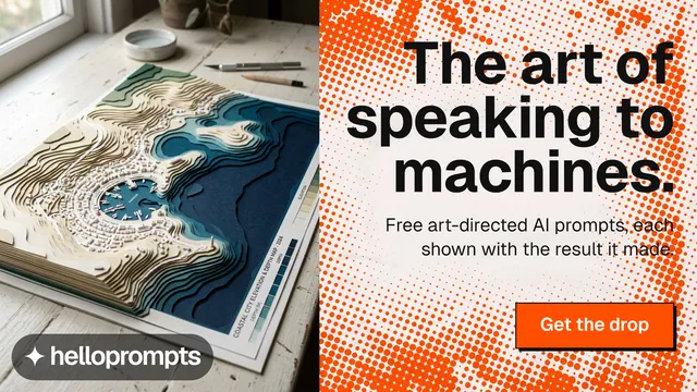 Landscape graphic for HelloPrompts: "The art of speaking to machines." Brutalist style, right layout, light palette in orange, white.