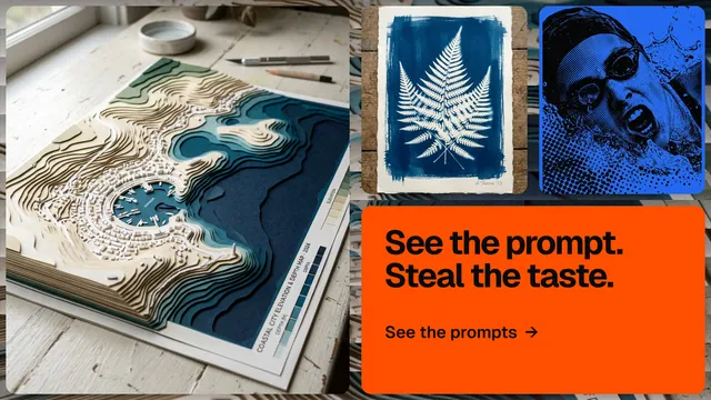 Landscape graphic for HelloPrompts: "See the prompt. Steal the taste." Agentic glass style, collage layout, light palette in blue, grey, orange.