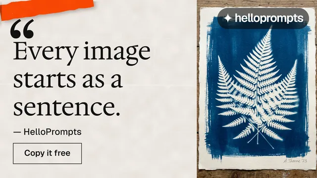 Landscape graphic for HelloPrompts: "Say it like an art director." Editorial style, quote layout, light palette in orange, grey, blue.
