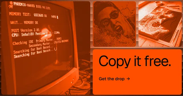 Social ad for HelloPrompts: "Copy it free." Agentic glass style, collage layout, dark palette in orange.