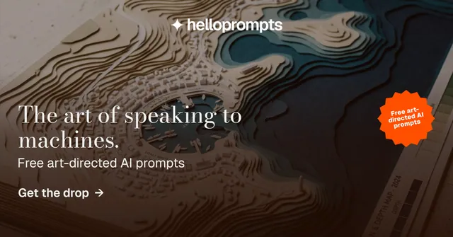 Social ad for HelloPrompts: "The art of speaking to machines." Minimal luxury style, sticker layout, dark palette in black, orange, grey.