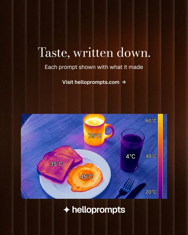 Instagram portrait post for HelloPrompts: "Taste, written down." Minimal luxury style, centred layout, dark palette in black, blue, red.
