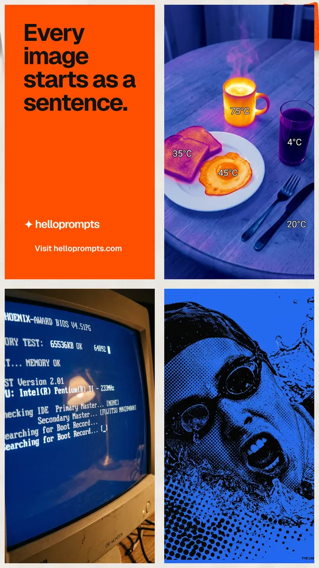 Instagram story for HelloPrompts: "Every image starts as a sentence." Swiss style, collage layout, dark palette in blue, red, orange.