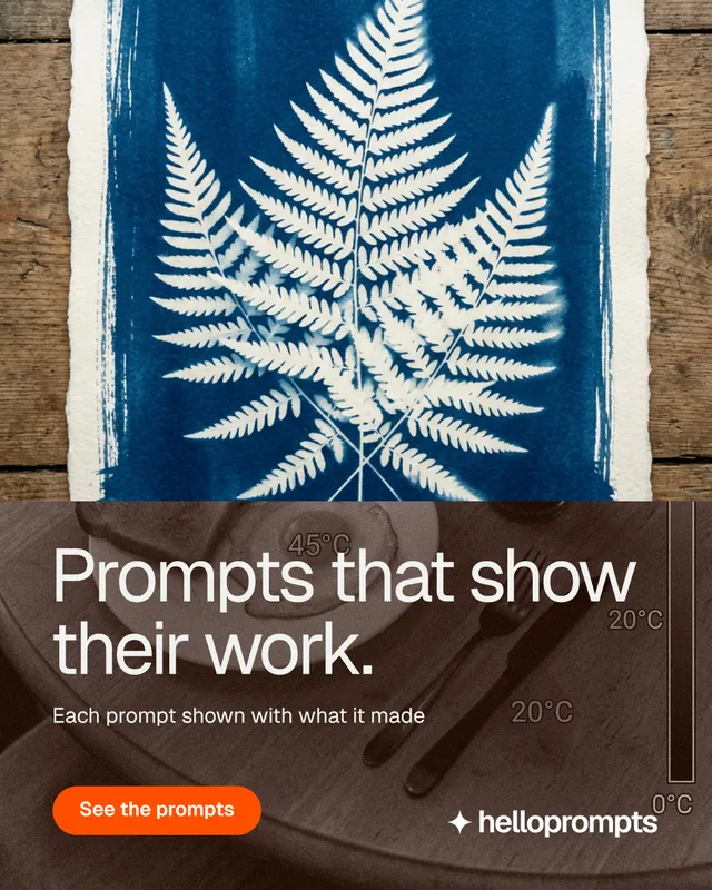 Instagram portrait post for HelloPrompts: "Prompts that show their work." Photo poster style, bottom layout, dark palette in orange, grey, blue.