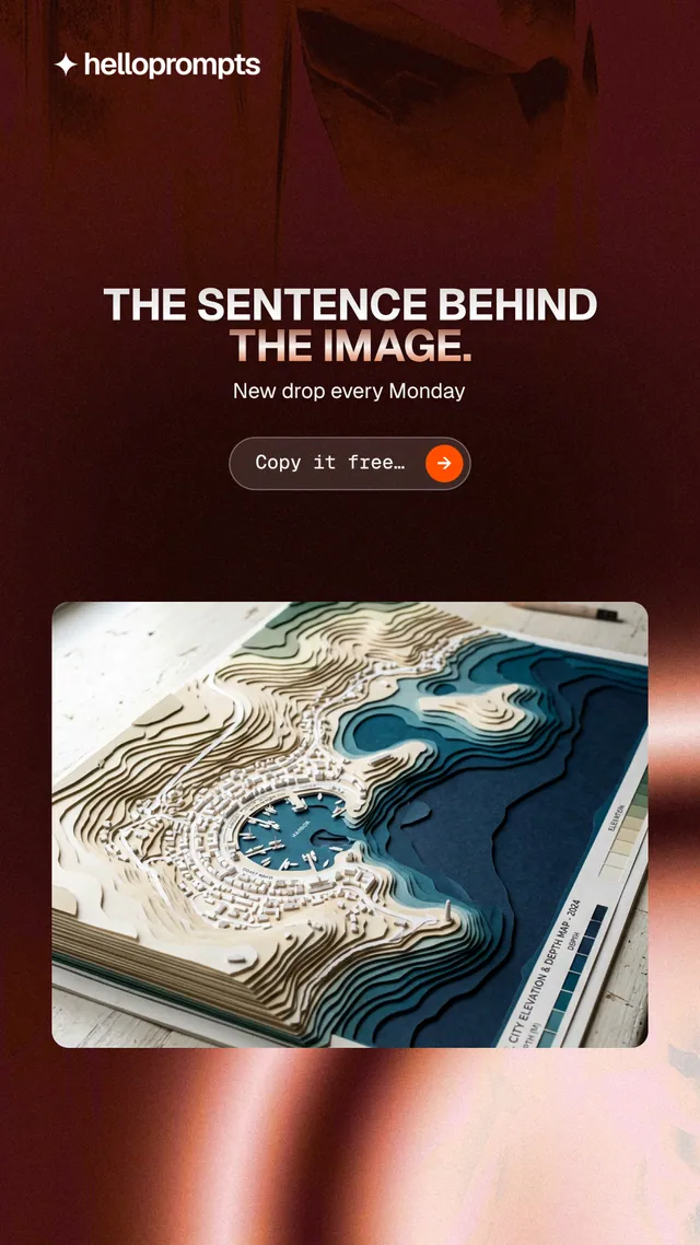 Instagram story for HelloPrompts: "The sentence behind the image." Agentic glass style, centred layout, dark palette in orange, black, red.