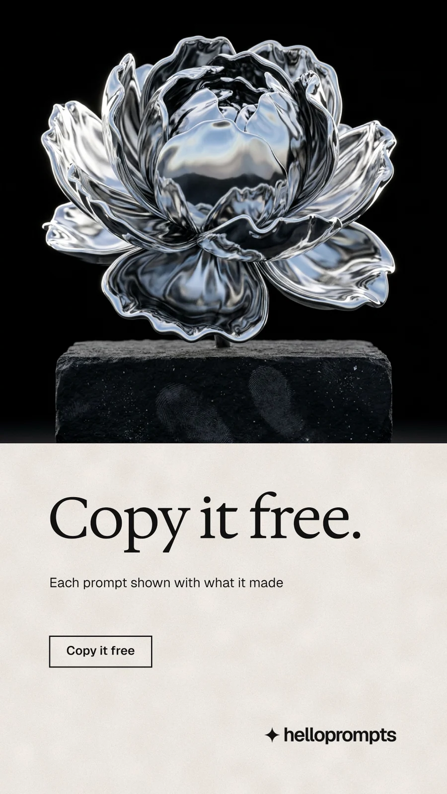 Instagram story for HelloPrompts: "Copy it free." Editorial style, bottom layout, light palette in black, orange, grey.