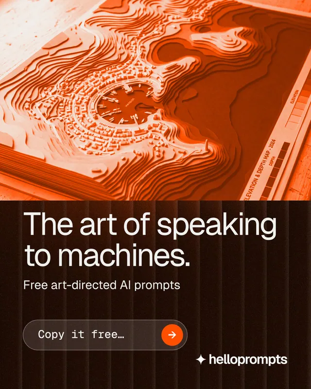 Instagram portrait post for HelloPrompts: "The art of speaking to machines." Agentic glass style, skeleton layout, dark palette in black, orange.