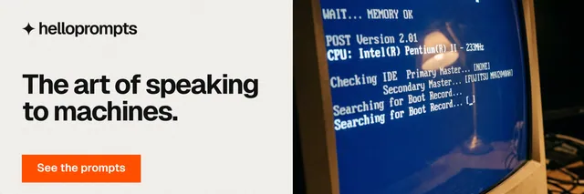 X header for HelloPrompts: "The art of speaking to machines." Swiss style, bottom layout, light palette in white, blue, grey.