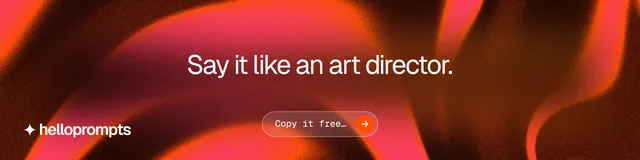 LinkedIn banner for HelloPrompts: "Say it like an art director." Agentic glass style, centred layout, dark palette in red.