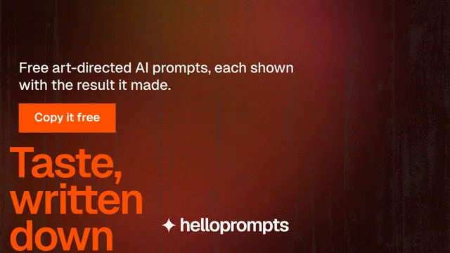 Landscape graphic for HelloPrompts: "Taste, written down." Swiss style, oversized layout, dark palette in black, red, orange.