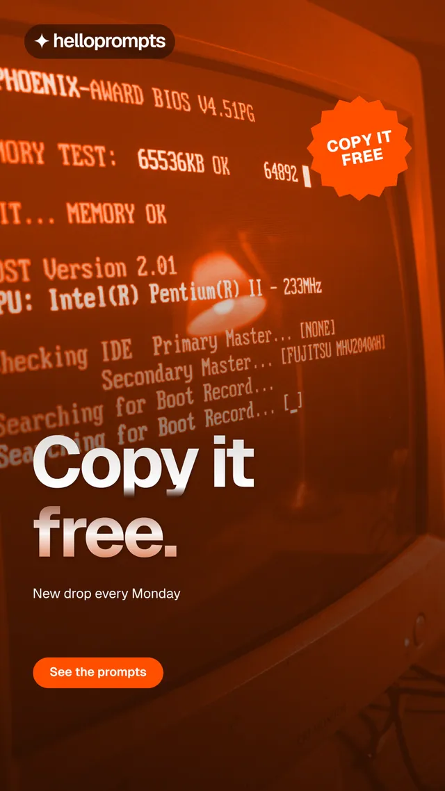 Instagram story for HelloPrompts: "Copy it free." Y2K style, sticker layout, dark palette in orange, brown.