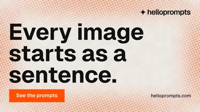 Landscape graphic for HelloPrompts: "Every image starts as a sentence." Retro print style, poster layout, light palette in orange, grey.