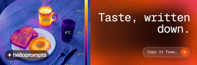 X header for HelloPrompts: "Taste, written down." Agentic glass style, right layout, dark palette in red, blue, pink.