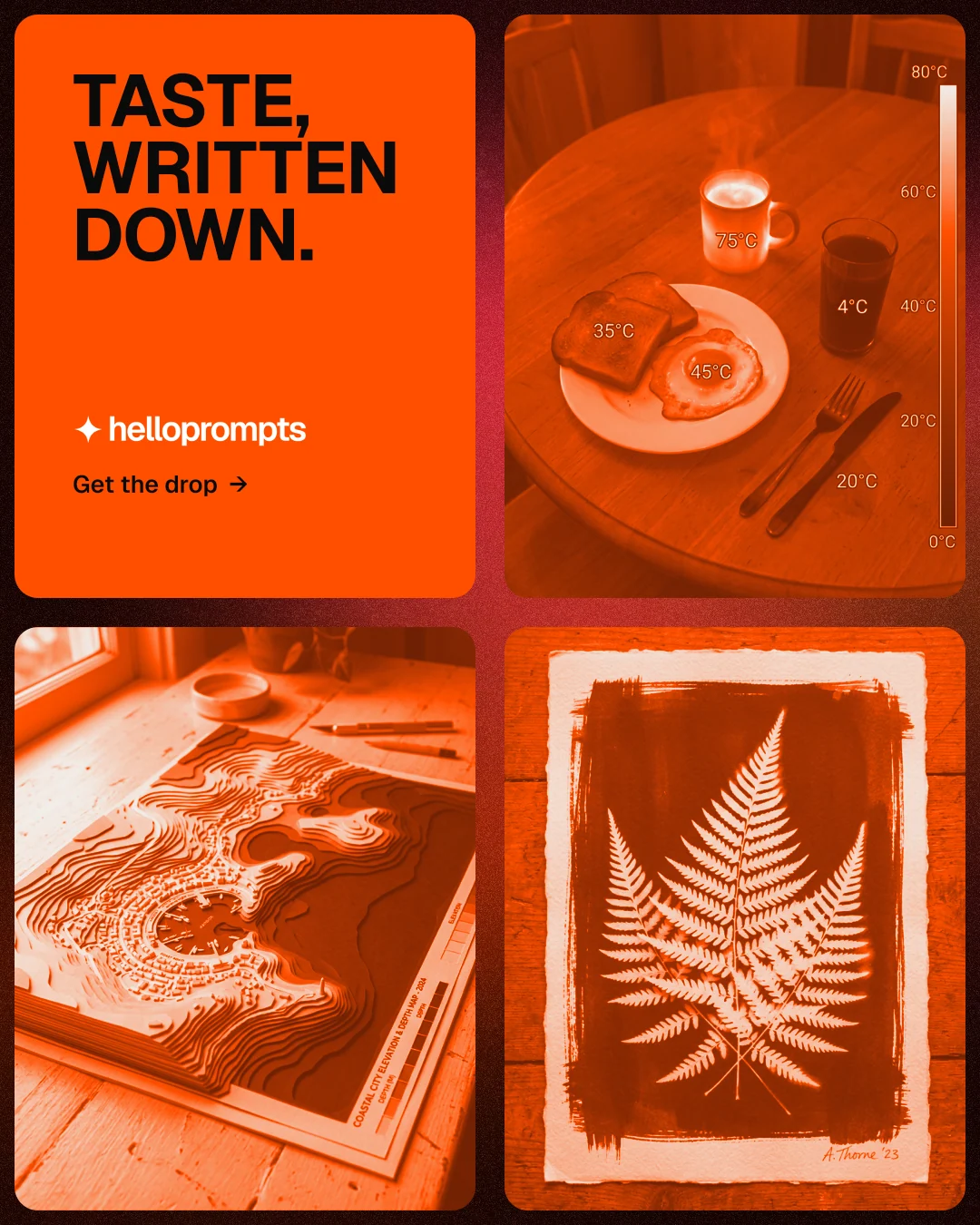 Instagram portrait post for HelloPrompts: "Taste, written down." Agentic glass style, collage layout, dark palette in orange.