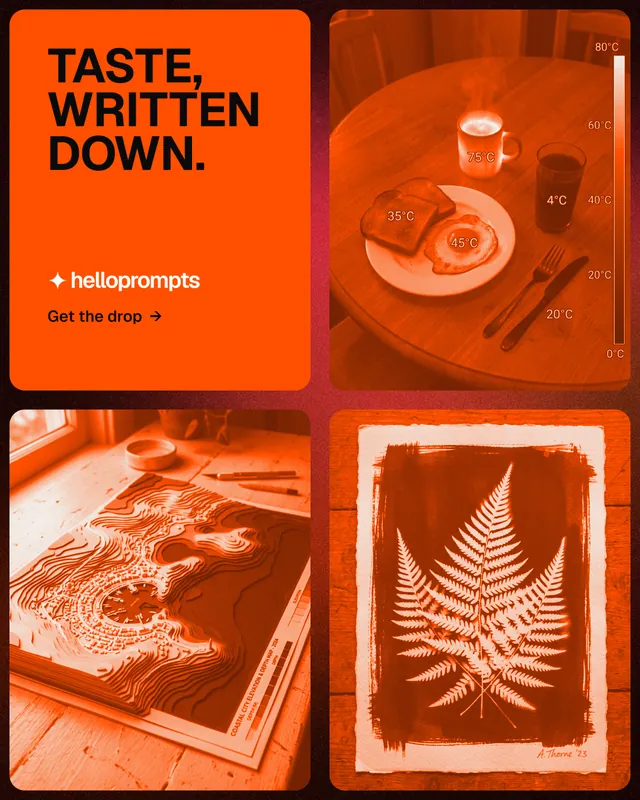 Instagram portrait post for HelloPrompts: "Taste, written down." Agentic glass style, collage layout, dark palette in orange.