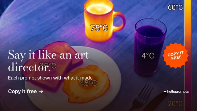 Landscape graphic for HelloPrompts: "Say it like an art director." Minimal luxury style, sticker layout, dark palette in purple, blue, pink.