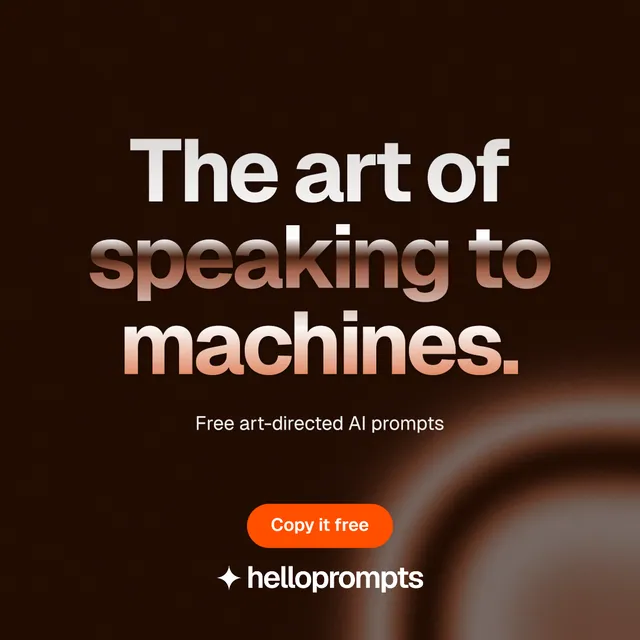 Instagram post for HelloPrompts: "The art of speaking to machines." Y2K style, centred layout, dark palette in black, grey, orange.