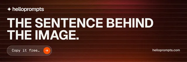 X header for HelloPrompts: "The sentence behind the image." Agentic glass style, poster layout, dark palette in red, black, grey.