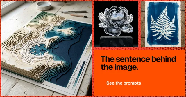 Social ad for HelloPrompts: "The sentence behind the image." Swiss style, collage layout, light palette in orange, black, grey.