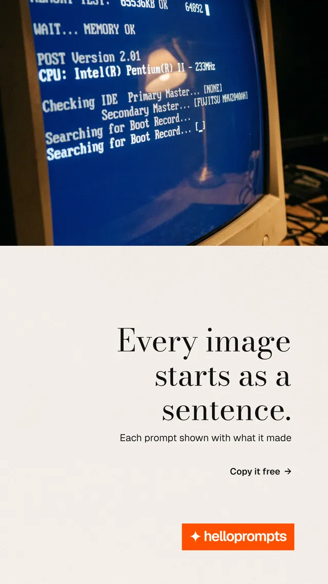 Instagram story for HelloPrompts: "Every image starts as a sentence." Minimal luxury style, right layout, light palette in white, blue, grey.