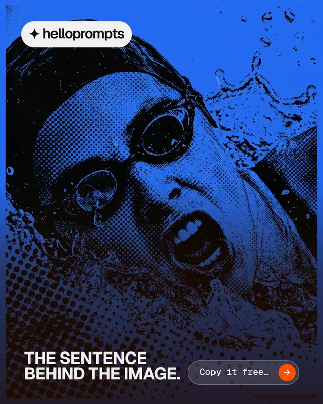 Instagram portrait post for HelloPrompts: "The sentence behind the image." Agentic glass style, image led layout, dark palette in blue, black.