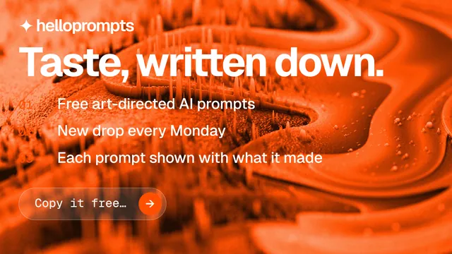 Landscape graphic for HelloPrompts: "Taste, written down." Agentic glass style, numbered layout, light palette in orange.