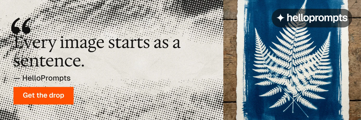 X header for HelloPrompts: "Prompts that show their work." Swiss style, quote layout, light palette in grey, white.