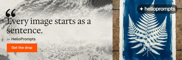 X header for HelloPrompts: "Prompts that show their work." Swiss style, quote layout, light palette in grey, white.