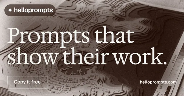 Social ad for HelloPrompts: "Prompts that show their work." Editorial style, poster layout, dark palette in grey, orange.