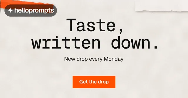 Social ad for HelloPrompts: "Taste, written down." Swiss style, centred layout, light palette in orange.