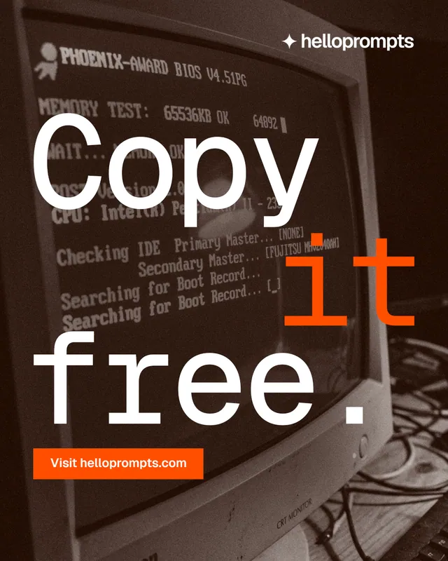 Instagram portrait post for HelloPrompts: "Copy it free." Swiss style, stacked layout, dark palette in orange, grey, black.