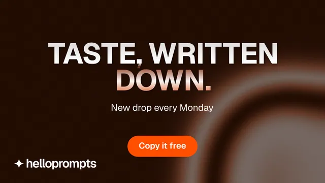 Landscape graphic for HelloPrompts: "Taste, written down." Y2K style, centred layout, dark palette in black, grey, orange.