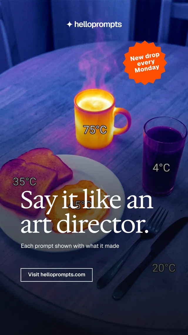 Instagram story for HelloPrompts: "Say it like an art director." Editorial style, sticker layout, dark palette in blue, grey, purple.