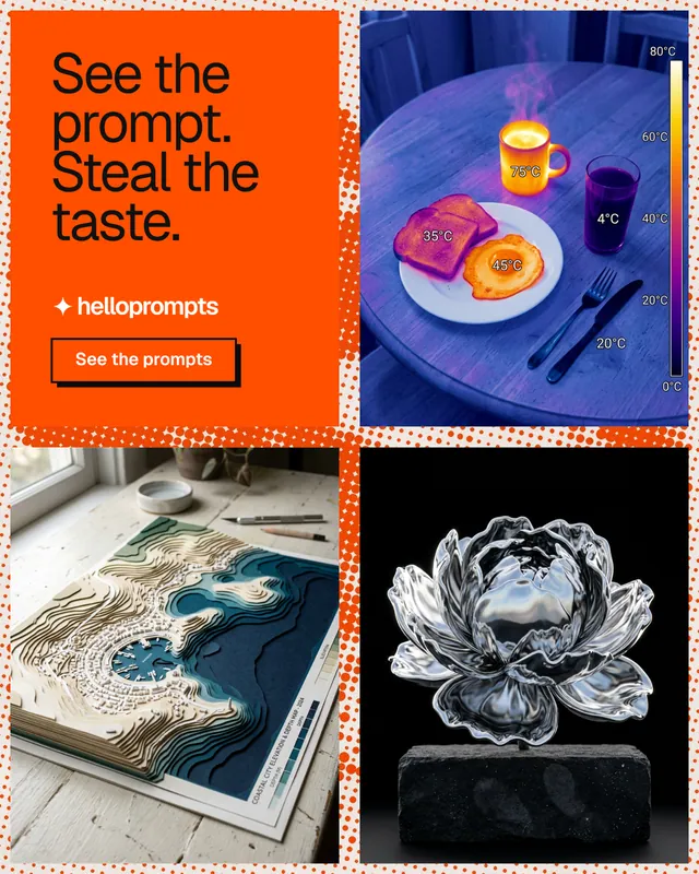 Instagram portrait post for HelloPrompts: "See the prompt. Steal the taste." Brutalist style, collage layout, dark palette in blue, red, grey.