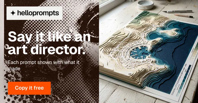 Social ad for HelloPrompts: "Say it like an art director." Swiss style, bottom layout, light palette in black, grey, orange.