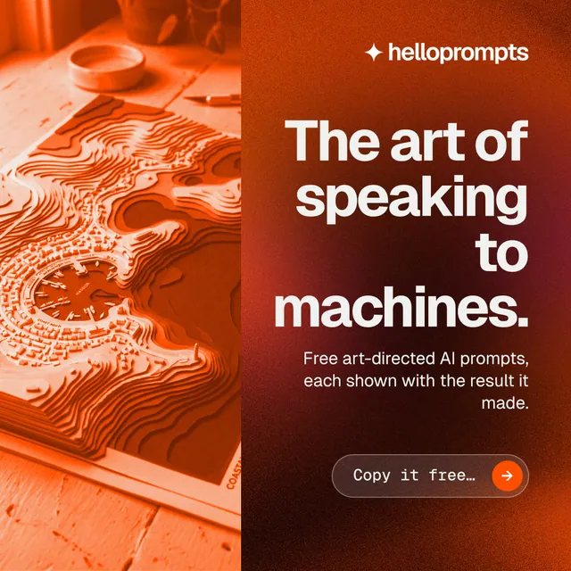 Instagram post for HelloPrompts: "The art of speaking to machines." Agentic glass style, right layout, dark palette in red, orange.
