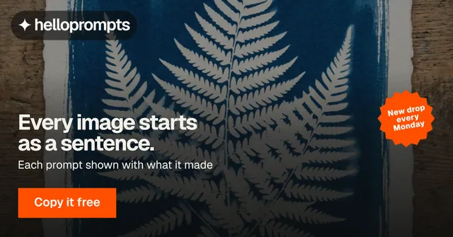 Social ad for HelloPrompts: "Every image starts as a sentence." Swiss style, sticker layout, dark palette in black, orange, grey.
