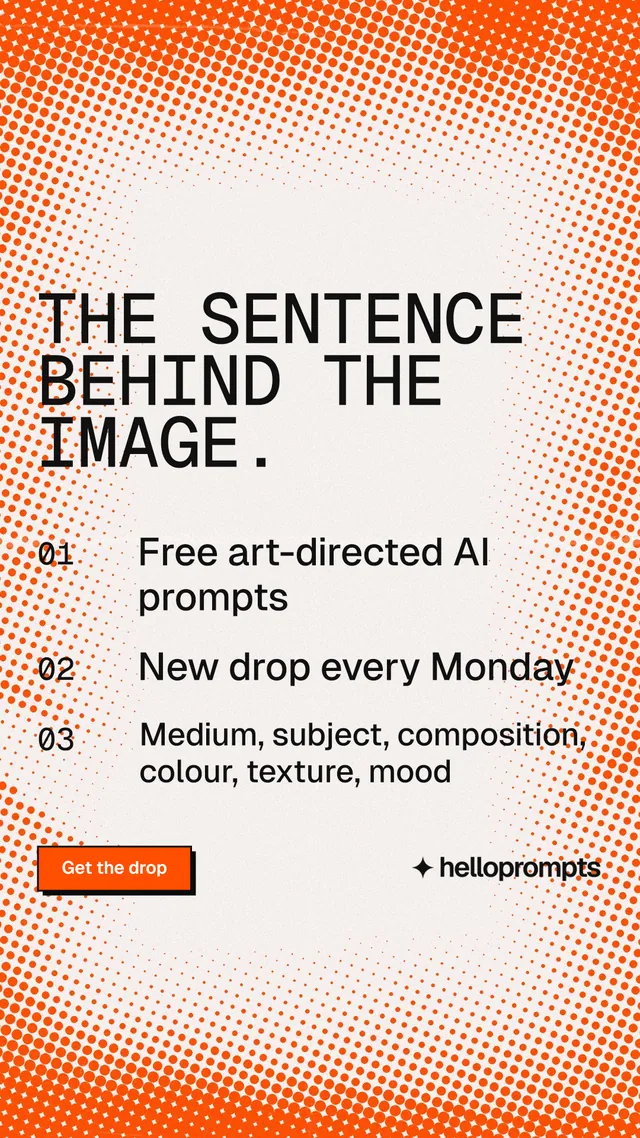 Instagram story for HelloPrompts: "The sentence behind the image." Brutalist style, numbered layout, light palette in orange, white.
