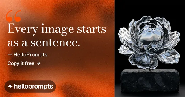 Social ad for HelloPrompts: "Prompts that show their work." Minimal luxury style, quote layout, dark palette in orange, black, grey.