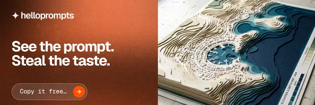 X header for HelloPrompts: "See the prompt. Steal the taste." Agentic glass style, bottom layout, light palette in orange, brown, black.
