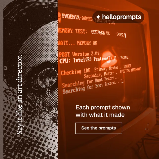 Instagram post for HelloPrompts: "Say it like an art director." Editorial style, vertical layout, dark palette in orange, brown.