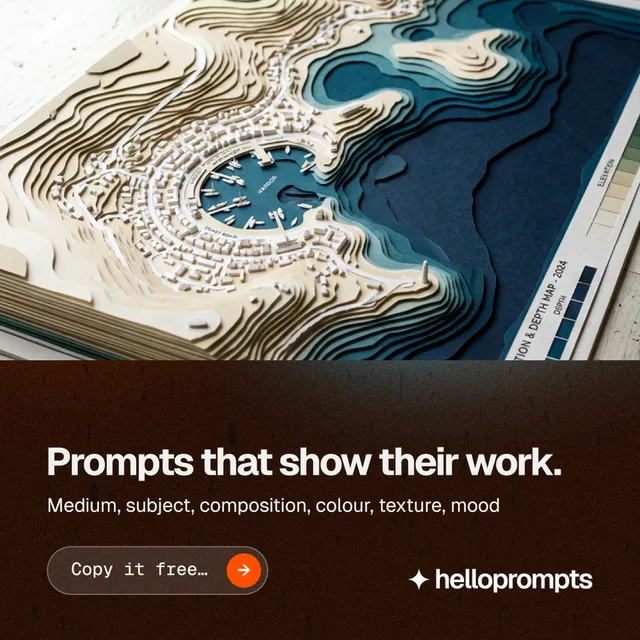 Instagram post for HelloPrompts: "Prompts that show their work." Agentic glass style, bottom layout, dark palette in black, grey, orange.