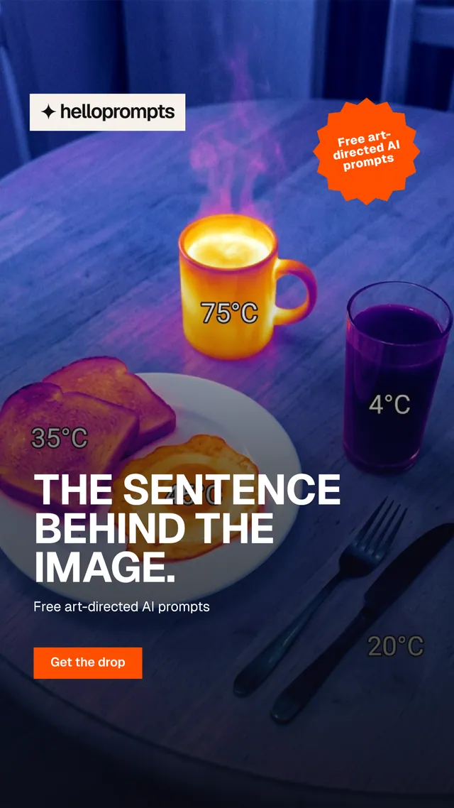 Instagram story for HelloPrompts: "The sentence behind the image." Swiss style, sticker layout, dark palette in blue, purple, orange.